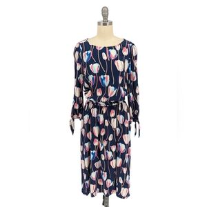 01101 Talbots Tulip Print Blouson Dress Blue Pink Size Small Petite preppy